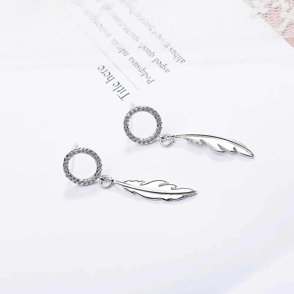 Настоящее чистое 925 пробы серебряные серьги с перьями висячие кольца женские Оригинальные подарки женские минималистичные ювелирные изделия для ушей SE006