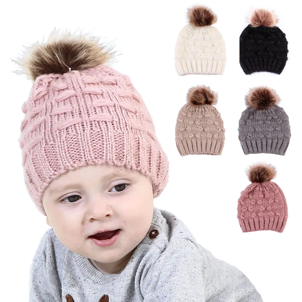Newborn Baby Boys Girls Kids Warm Hat Fur Pompom Bobble Knit Crochet