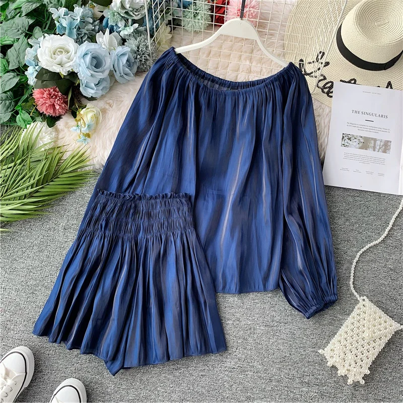 

Amolapha Women Soild Slash Neck Lantern Sleeve Blouse Shirts+High Waist Wide Leg Mini Shorts 2PCS Clothes Suit