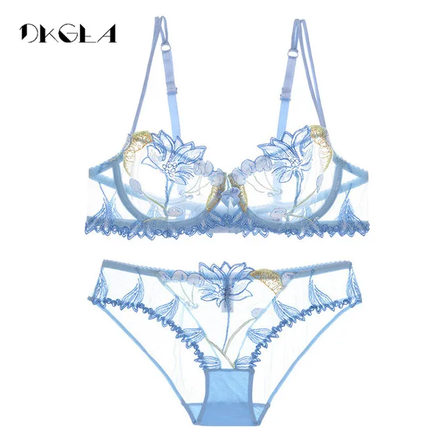 2017 Fashion Flowers Embroidery Lingerie Set Lace Blue