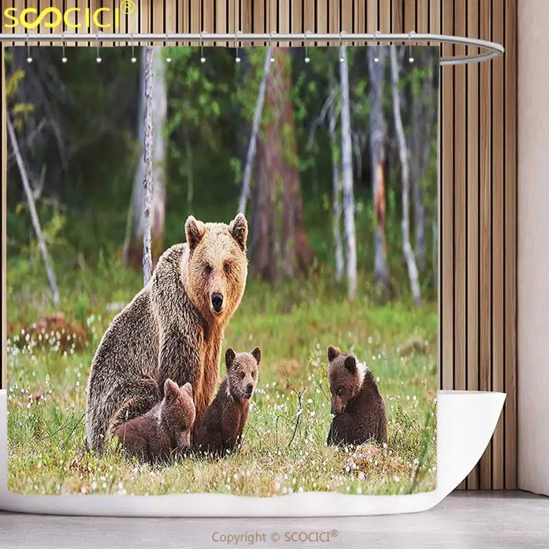 

Cool Shower Curtain Nature Decor Wild Mother Grizzly Bear Protecting Her Babies in Forest Jungle Animal Print Green Brown