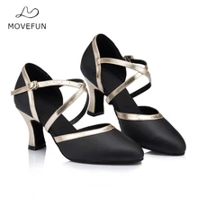 33 movefun высокое качество Туфли для латинских танцев женские туфли 8 см Танго Сальса обувь девочек Бальные Танцы обувь Высота каблука 5 6 7 см черного и золотого цвета женская обувь#93