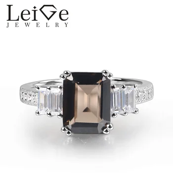 

Leige Jewelry Smoky Quartz Ring Emerald Cut Brown Gemstone Prong Setting 925 Sterling Silver for Women Romantic Gifts