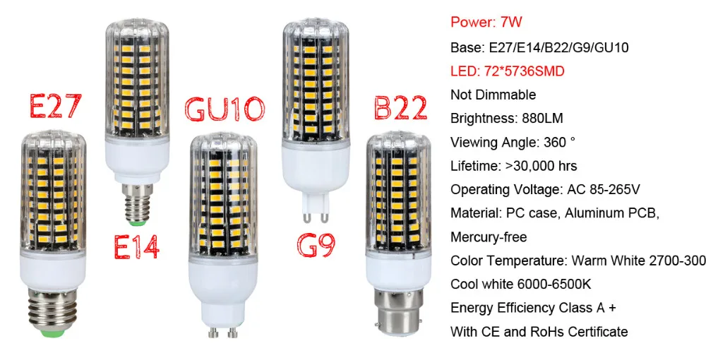 E14 E27 G9 GU10 B22 5736 SMD лампа Кукуруза лампы 85-265V 3W 5W 7W 9W 12W Светодиодный свет энергосберегающие лампы