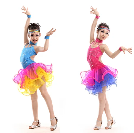 3 вида цветов Желтый Синий Розовый Новый для девочек костюм Румба Латинской ча-ча Танцы платье Танго sambaprofessiona 110-160 см производительность
