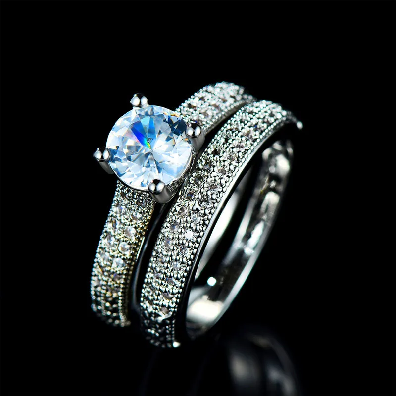 

Boho Cute Female Small Zircon Stone Ring Set Crystal Silver Color Bridal Engagement Ring Vintage Women Wedding Finger Rings