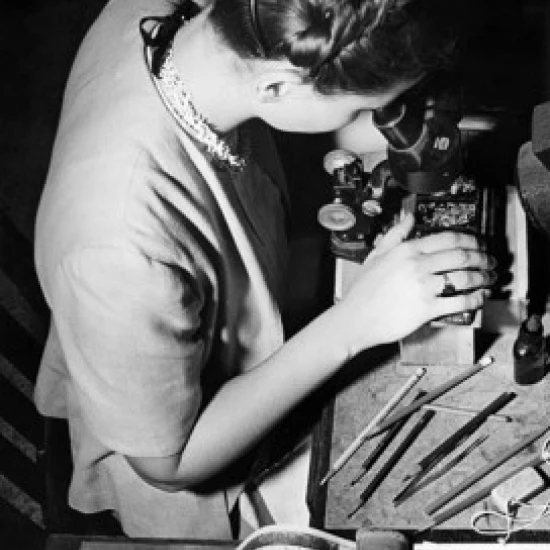 High angle view of a female scientist looking through a microscope Poster Print (24 x 36)