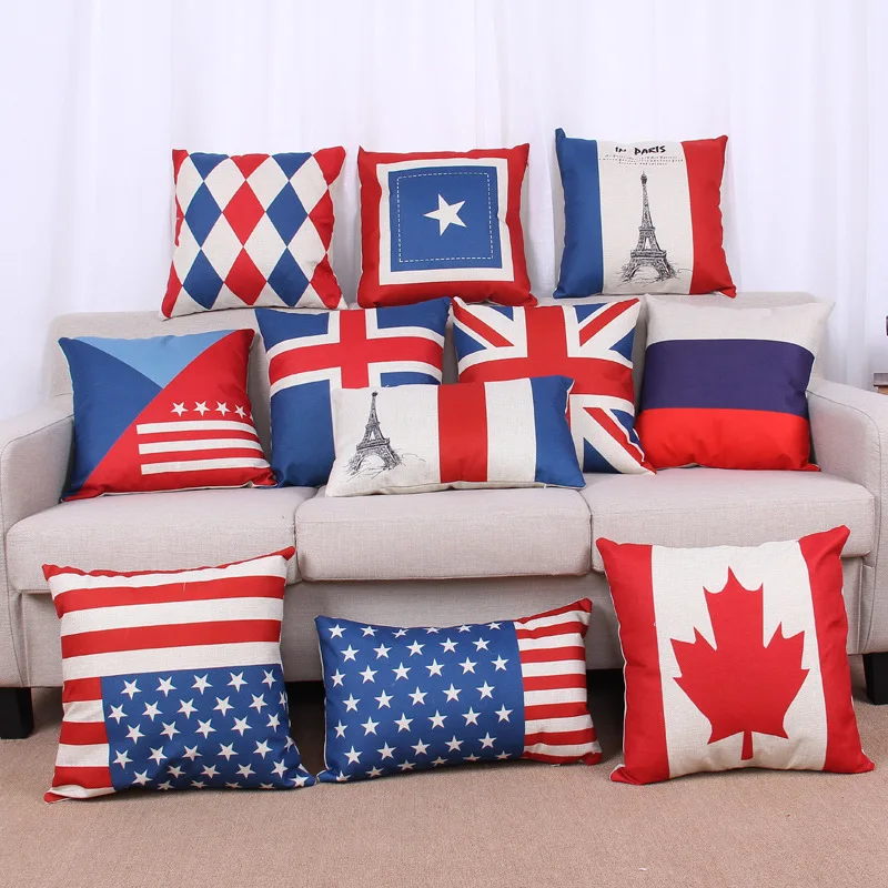 

National Flag Pillow Case Cotton Linen Cushion Cover British Style USA UK Flags Decorative Car Sofa Throw Pillowcase Home Decor