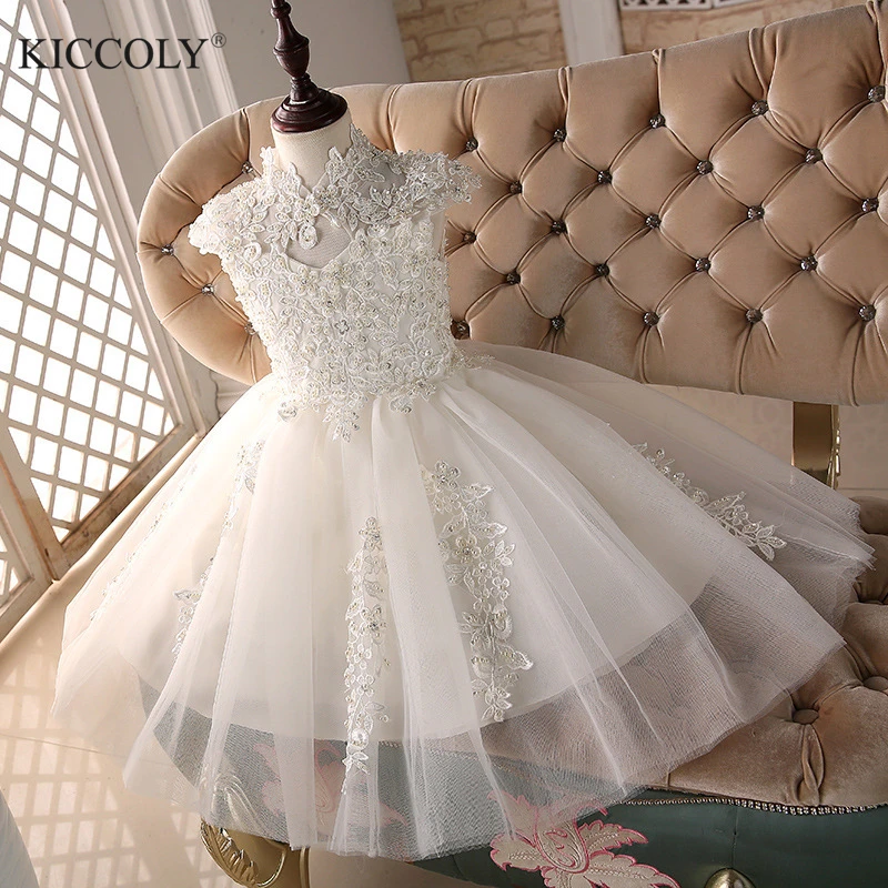 

Glizt Bead White Tulle first communion dresses for girls Vestido Daminha Casamento Luxury Ball Gown Organza Flower Girl Dresses