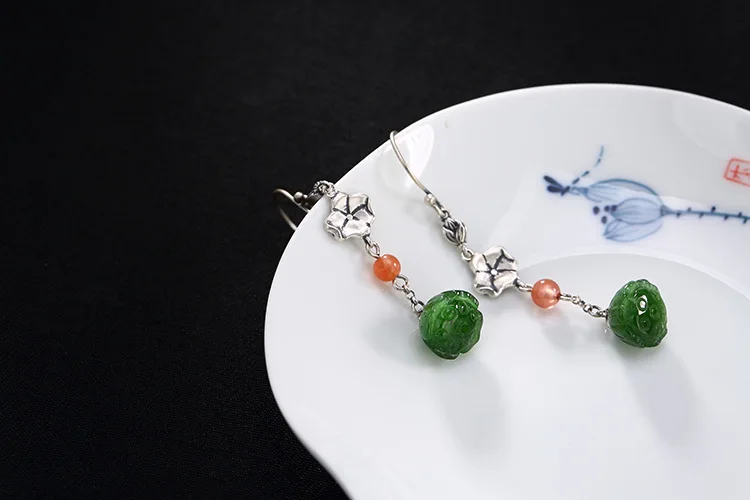 Серьги Модные украшения один S925 чисто Античная инкрустированные и поле Jade Lotus леди Высокая Класс Jaunt серьги оптом