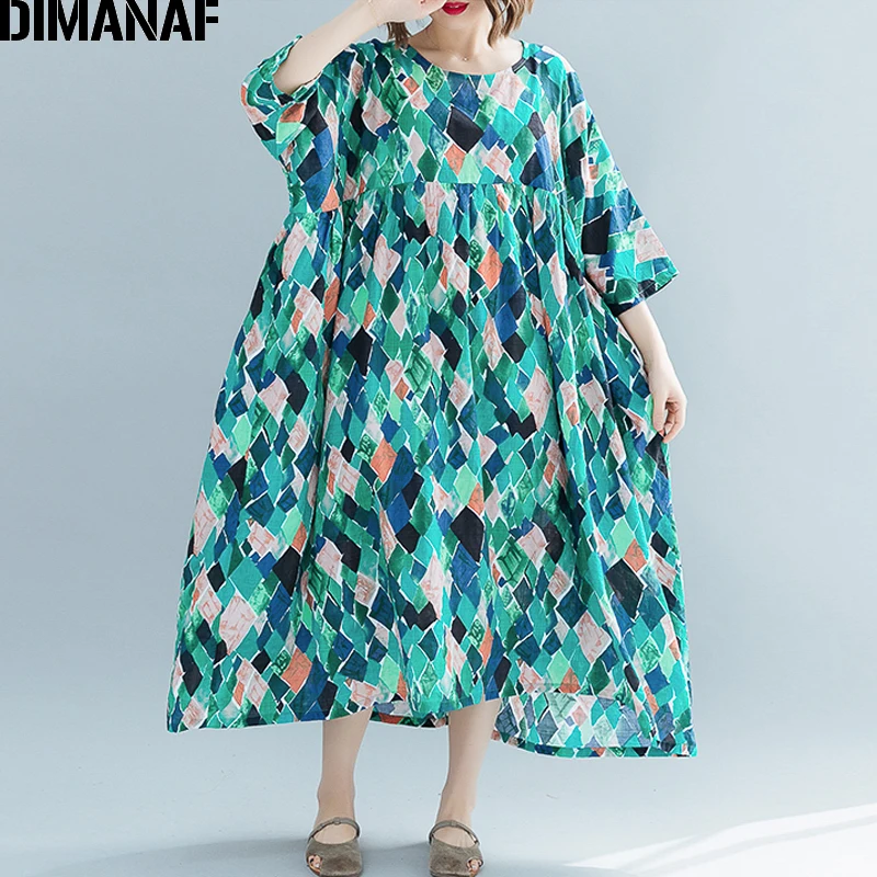 

DIMANAF Plus Size Women Beach Dress Summer Sundress Big Size Female Vestidos Loose Cotton Linen Lady Dresses Print 5XL 6XL 2019