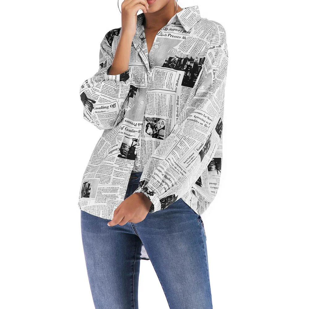 2019 Fashion Newspaper Print Women Blouse Shirt Loose Turn Down Collar