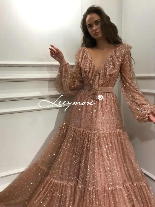 Leeymon Розовое золото Sexy Glitter Глубокий V-образным вырезом оборками платья выпускного вечера Элегантные линии длинное платье пышными рукавами