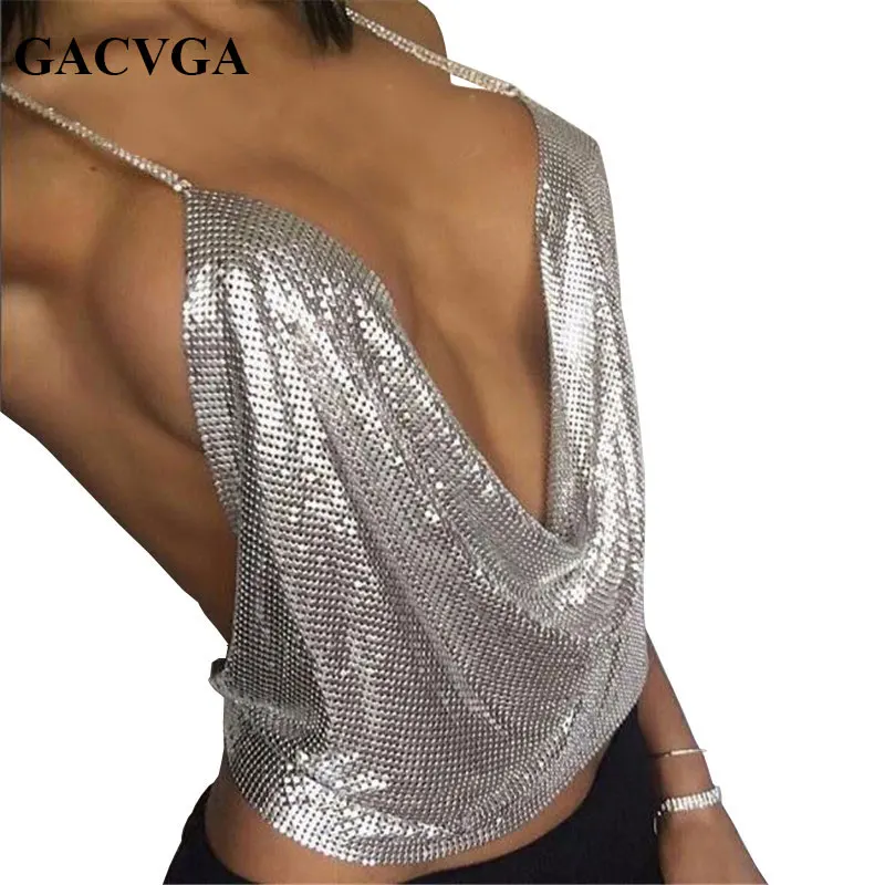 

GACVGA 2019 Sexy Backless Sequins Women Crop Tops Halter Tank Camis Summer Cropped Bra Crop Top Strap Ladies Party Vest Blusa