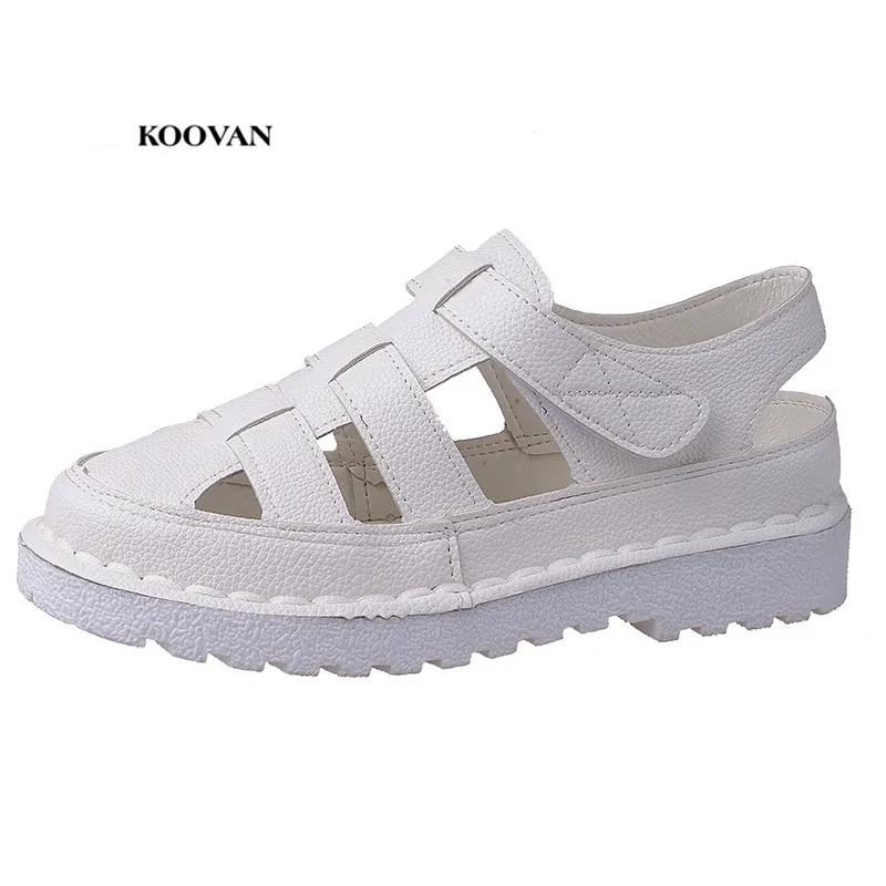 

Koovan Women's White Sandals Female 2018 Spring and Summer New Roman Sandals Flats Casual Wild Breathable Student Shoes