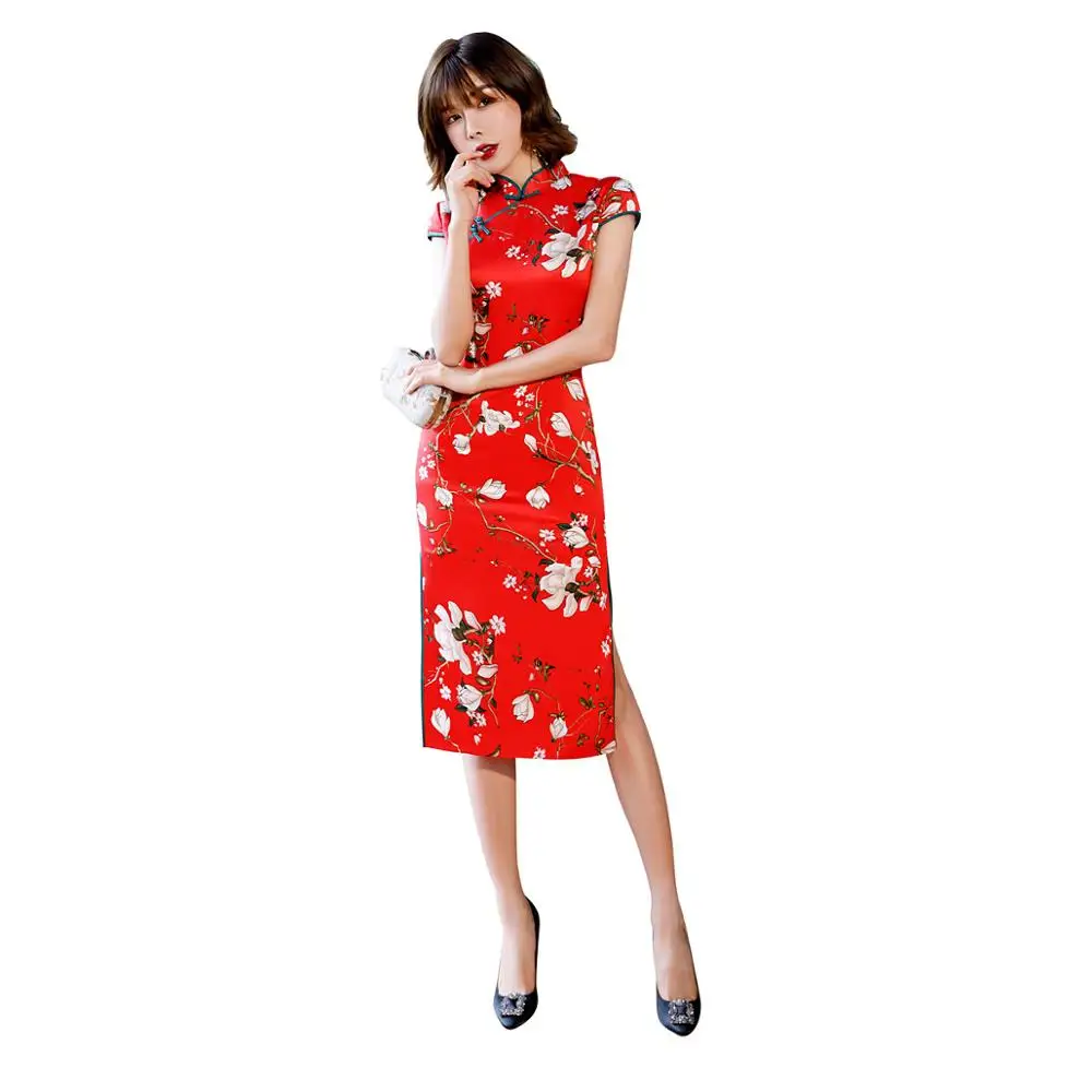 Van Caro Women’s Knee Length Qipao Dress Red Chinese Wedding Dress Cheongsam 