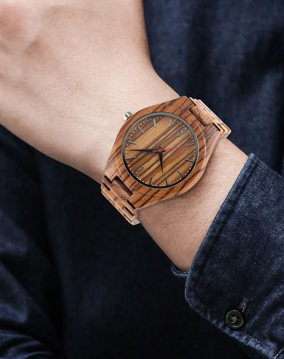Luxury Full Wooden Bamboo Men Watch Dot Numbers Dial Red Hand Handicraft Quartz Wristwatch Fold Clasp Minimalist Sport Clock (15)