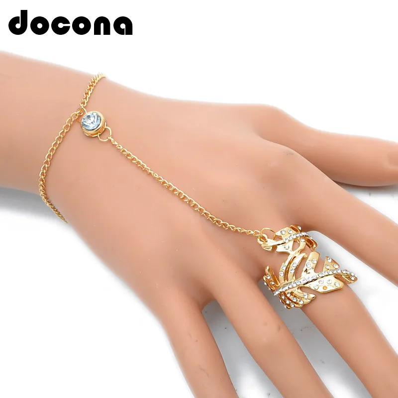 

docona Punk Gold Silver Color Crystal Leaf Rings Bracelet for Women Chains Ring Statement Jewelry Anillos 2700