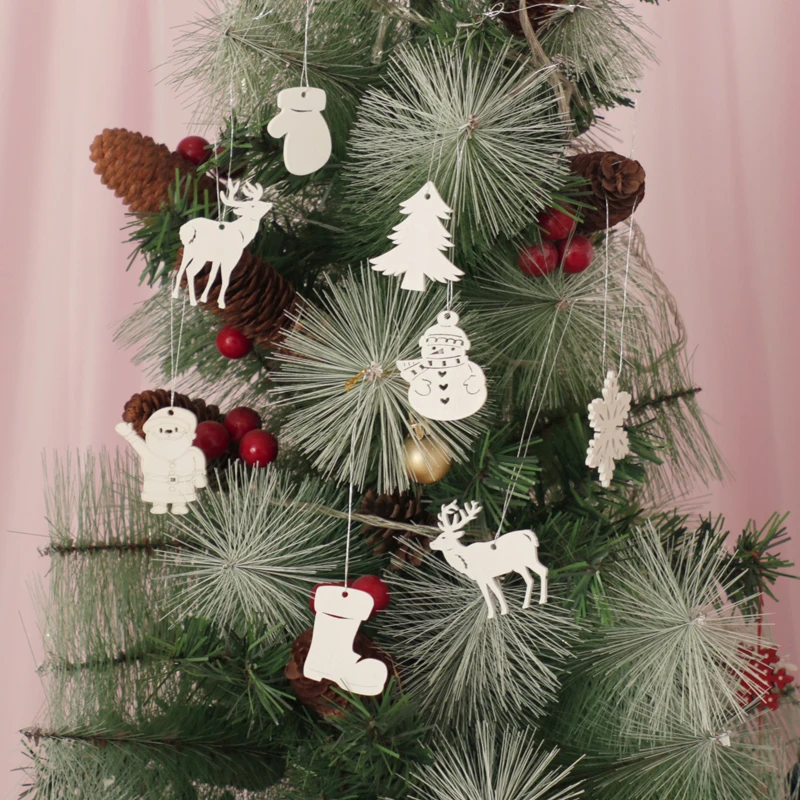 6pcs Snowman Tree Deer Christmas Snowflakes White Pattern Wooden Pendants Party Ornaments Decoration | Дом и сад