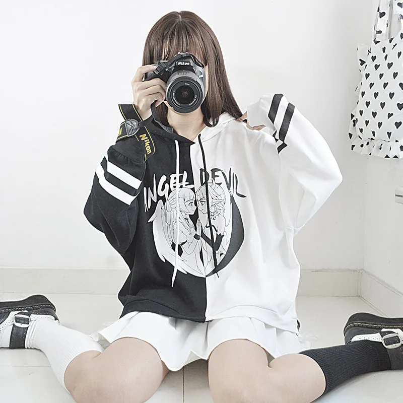 

Cute Angel and Devil Pattern Women's Hooded Sweatshirts Japanese Punk Style Loose Black White Patchwork Autumn Winter Coat 2018
