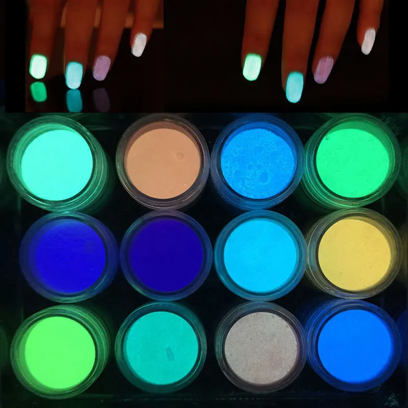 

12jars/set Color Nail Art Glitter luminous powder Fluorescent UV Gel Polish Coat Nail Dust Nail Pigment For Nails Decoration