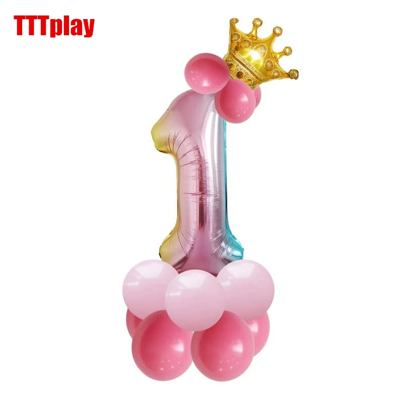 

32inch Rainbow Number Balloons With Gold Crown Unicorn Party Foil Balloon Baby Shower 1st Birthday Party Decorations Kids Globos