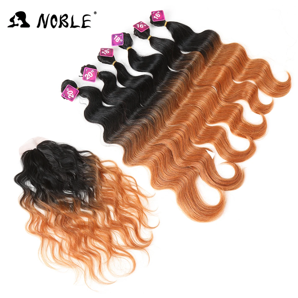 Onda do Corpo Pacotes com Fechamento Cabelo com Fechamento Cabelo Sintético Nobre Polegada 7 Peças Preto Loira Tecelagem 6 Tecer 16-20