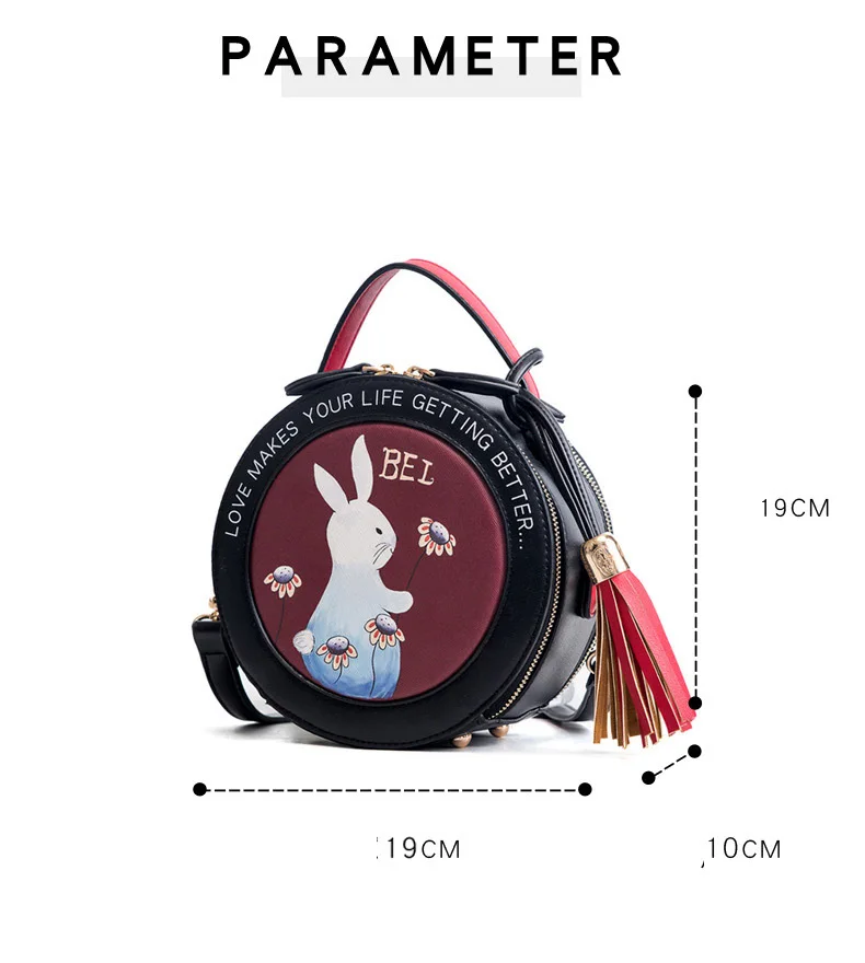 Rabbit Printing Bag Ladies Sweet Round Crossbody Bags Women Leahter Circle Handbags Girl Alice's Mini Black Blue Messenger Purse (6)