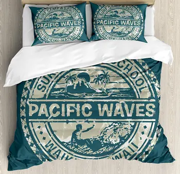 

Duvet Cover Set , Pacific Waves Surf Camp and School Hawaii Logo Motif with Artsy Effects Design, 4 Piece Bedding Set