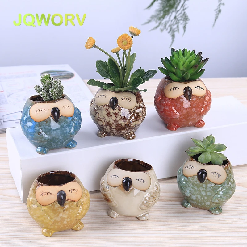 

6pc Kiln glaze Mini owl flower pot Personality Cute succulent plant thumb flowerpot Europe retro Creative home decoration crafts