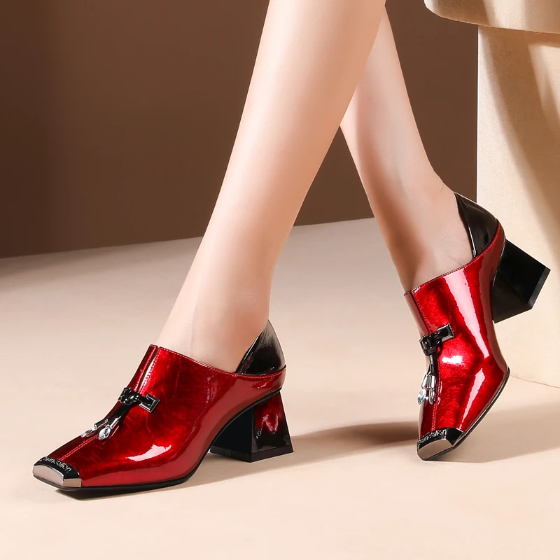 

Genuine Leather High Heels Shoes Woman Black Red Women Platform Pumps Metal Toe Office Lay Work Shoes Dress Party Pumps