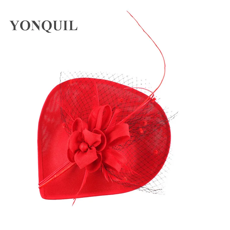Скопируйте Sinamay красные Fascinators Veil Шляпы Заколки для волос аксессуары Кентукки поводов Royal повязка на голову с цветочным узором Головные