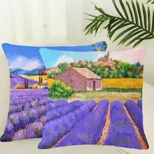 2017 Vintage romántico estilo Rural nueva llegada pintura al óleo lavanda algodón Lino cuadrado cama hogar funda de almohada decorativa