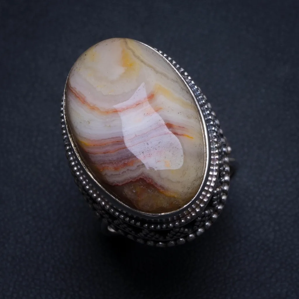 

Natural Botswana Agate Antique Design Handmade Mexican 925 Sterling Silver Ring, US size 8.5 T6086