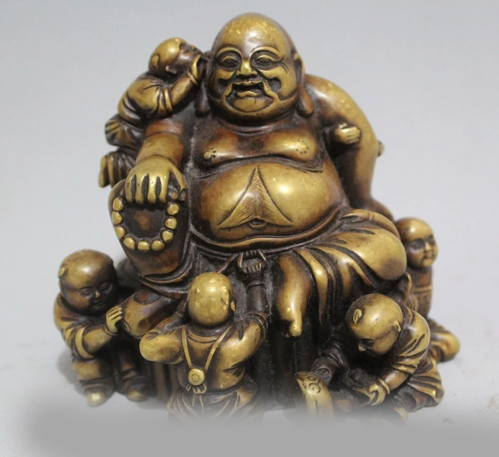 

5" chinese bronze Gild 5 boy lads child happy laugh Maitreya Buddha statue