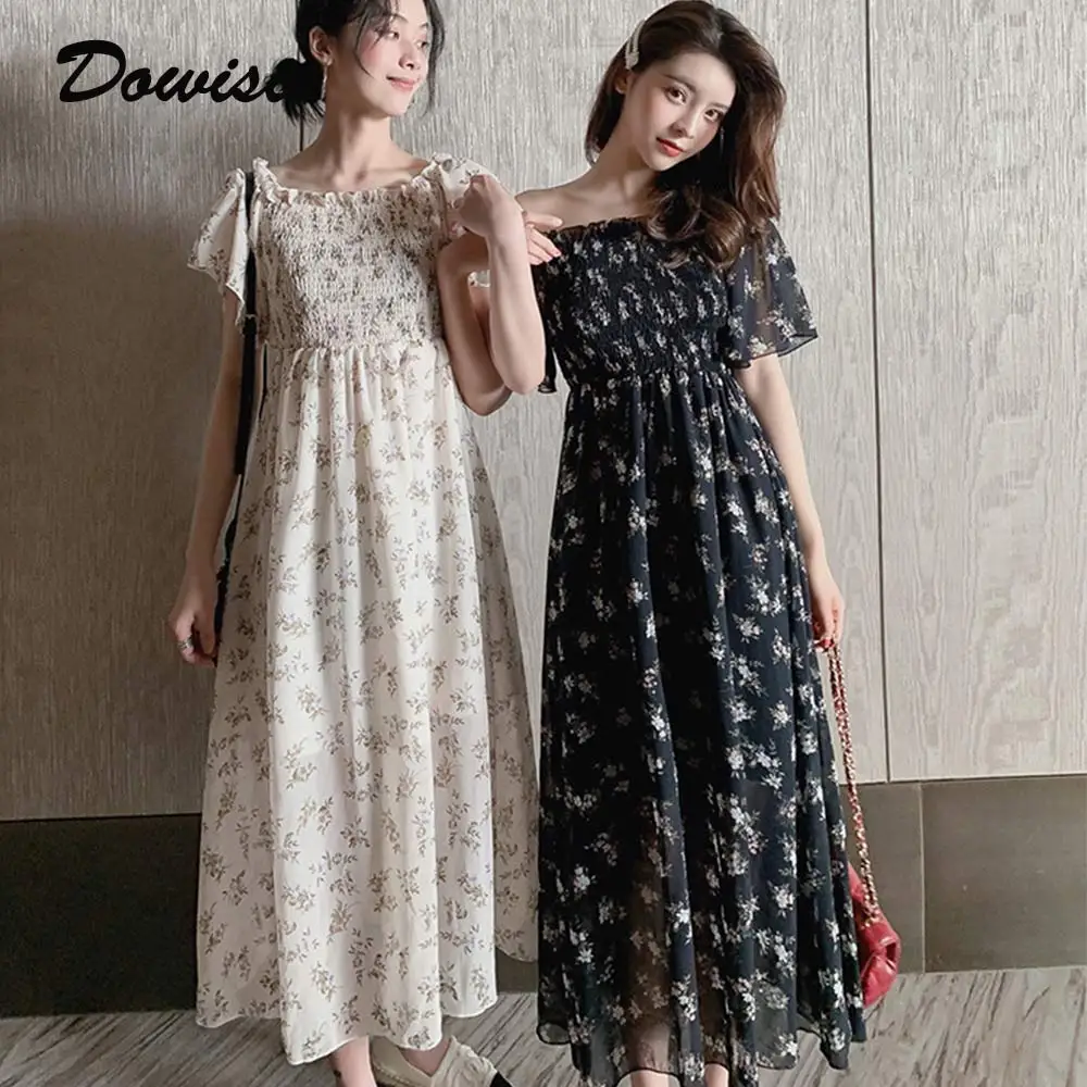 

Dowisi Chiffon Dress Girls Summer Beach Dress Floral Slim Women Clothes Batwing Sleeve Korean Robe Slash Neck Femme Vestidos