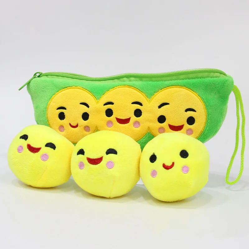 25cm Long Green Pea Cartoon Cute Plush Mini Face Soft Doll Stuffed Animals Plush Purse Pen Bag Coin Money Bag Edamame Pencil Bag