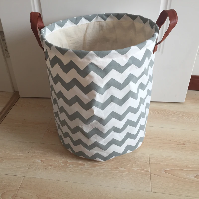 fashion design canvas laundry basket with PU handles grey wave design