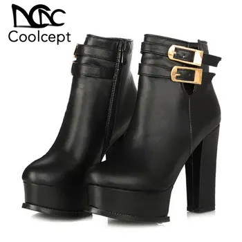 

Coolcept Sexy Women High Heel Boots Buckle Platform Warm Shoes Women Winter Ankle Boots Fashion Thick Heel Footwear Size 34-39