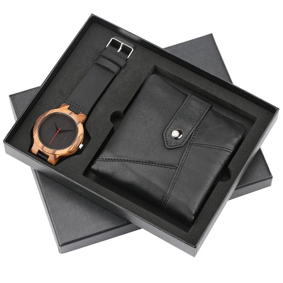 Nature Bamboo Wooden Watch + Black Leather Wallet Men Gift Set Box for Male Quartz Men's Watches Luxury Fashion Man Money Bag