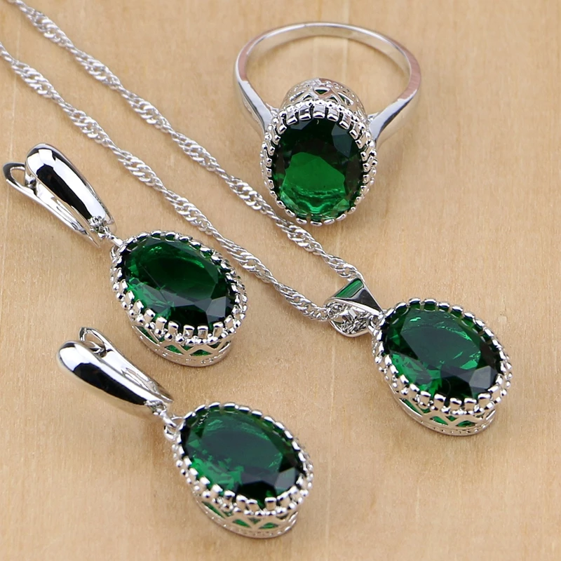 

925 Sterling Silver Jewelry Green Created Emerald White CZ Jewelry Sets For Women Wedding Earring/Pendant/Necklace/Ring