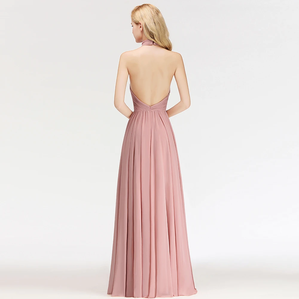 Vestido de festa longo розовое вечернее платье с лямкой на шее длинное шифоновое без