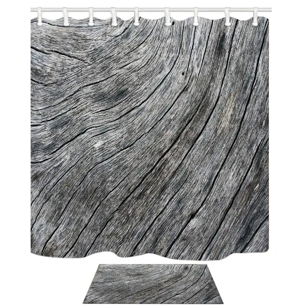 Beste Natuurlijke Rustieke Hout Decor Hout Textuur Close Up Foto Print Polyester Douchegordijn Set Flanel Vloer Deurmat Bad Tapijten