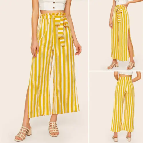 

Summer New Women Ladies Causal Striped Harem Pants Elastic High Waist Working Style Casual Loose Long Pants Holiday Beach Pants