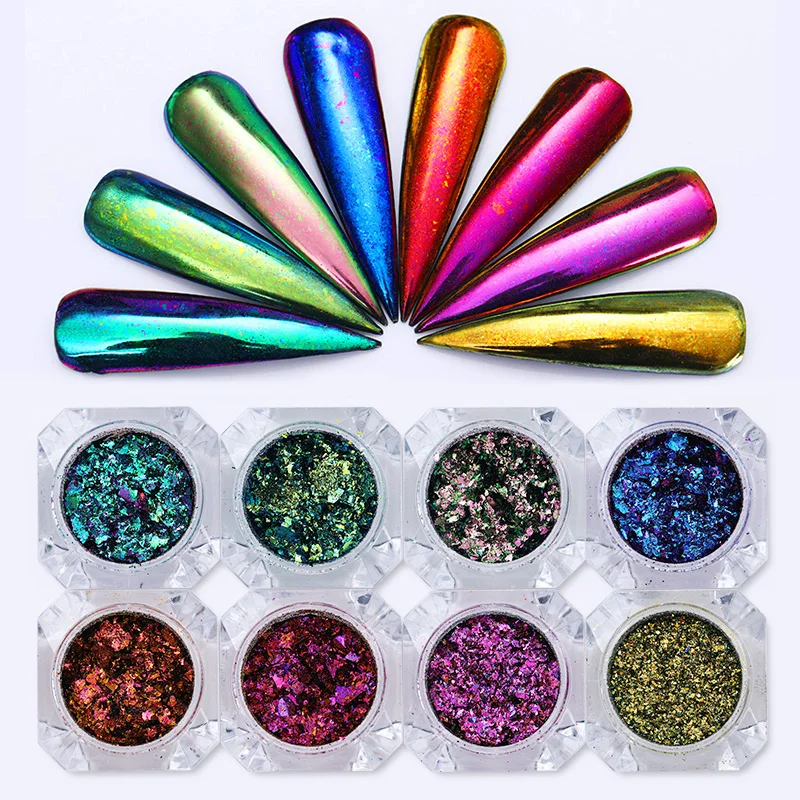 

8Pcs BORN PRETTY Holographic Chameleon Nail Sequins Set Mirror Nail Art Chrome Pigment Powder Glitter Paillettes UV Gel Polish