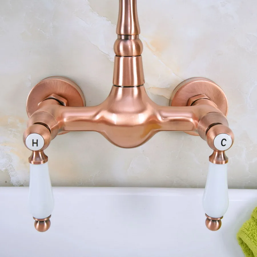 Antique Red Copper Brass Wall Mounted Bathroom Kitchen Sink Faucet Swivel Spout Mixer Tap Dual Ceramics Handles Levers anf947