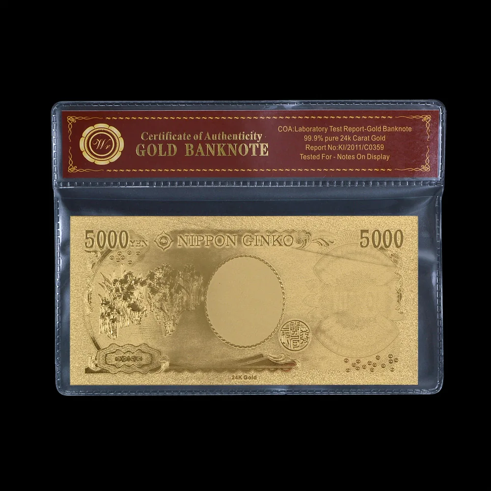 Японская Золотая банкнота 5000 иен бумажная монетница золото 99999 для коллекции с coa