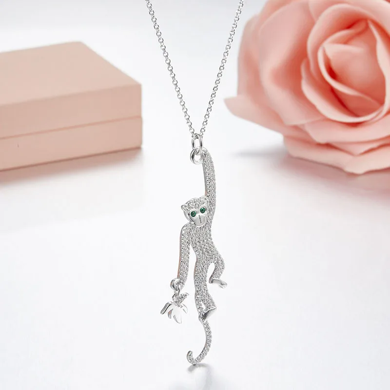 

SLJELY 100% 925 Sterling Silver Mokey Pendant Necklace Paved Women AAA Cubic Zirconia for Women Wedding Party Jewelry Monaco