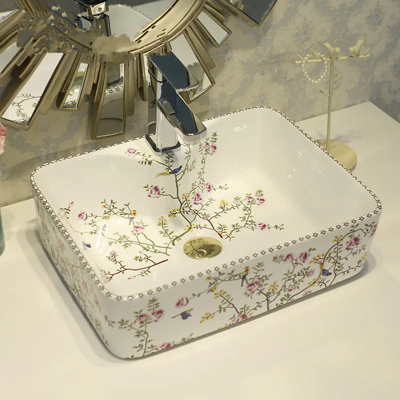 Rectangular Counter Top Wash Basin Cloakroom Hand Painted Vessel Sink bathroom sinks Flowers and birds deep basin sink (1)