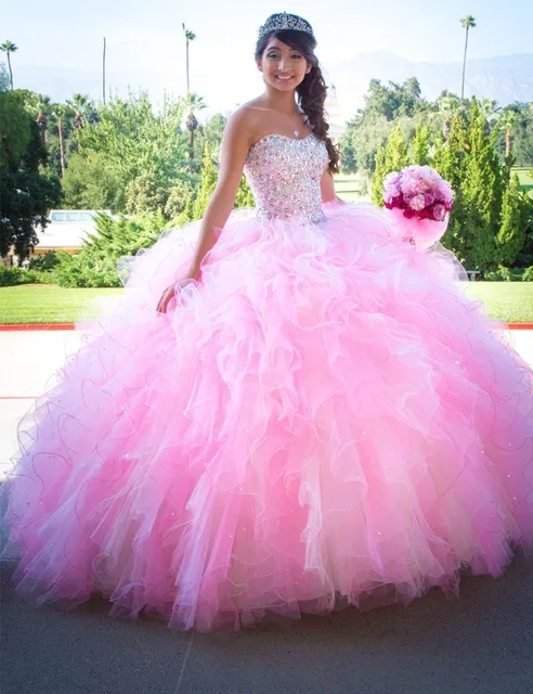 Pink Ball Gown Puffy Quinceanera Dresses Sweetheart Sparkly Beading ...